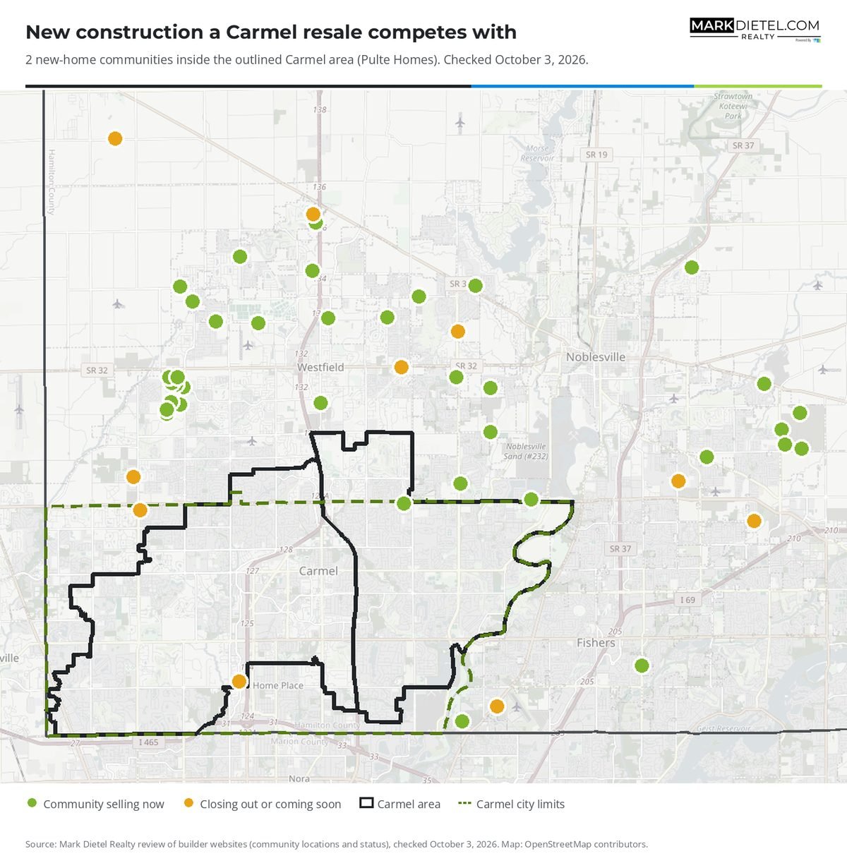 Map of new-construction communities in and around Carmel, Indiana. 2 communities inside the Carmel area, from builders including Pulte Homes.