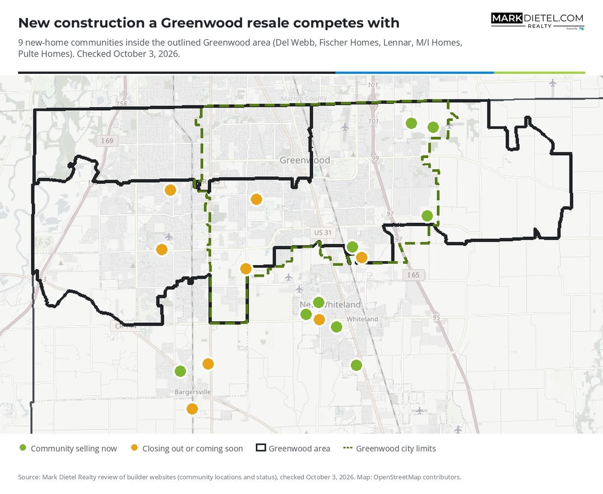 Map of new-construction communities in and around Greenwood, Indiana. 9 communities inside the Greenwood area, from builders including Del Webb, Fischer Homes, Lennar, M/I Homes, Pulte Homes.